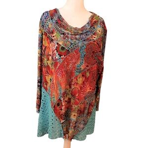 Caleooa Floral Turquoise Scoop Neck Blouse Boho Art to Wear, size 2X